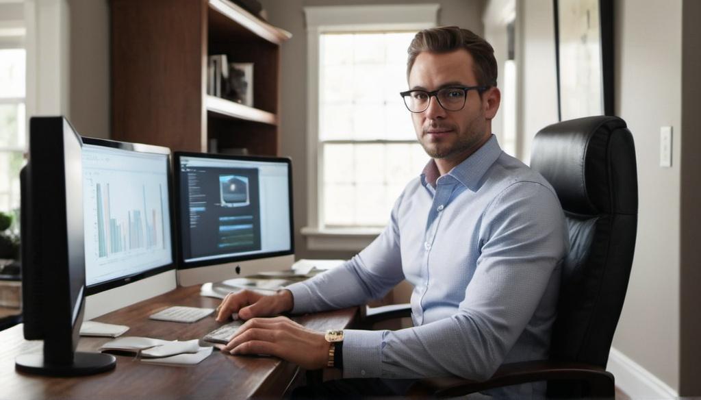 Broker in front of a computer.